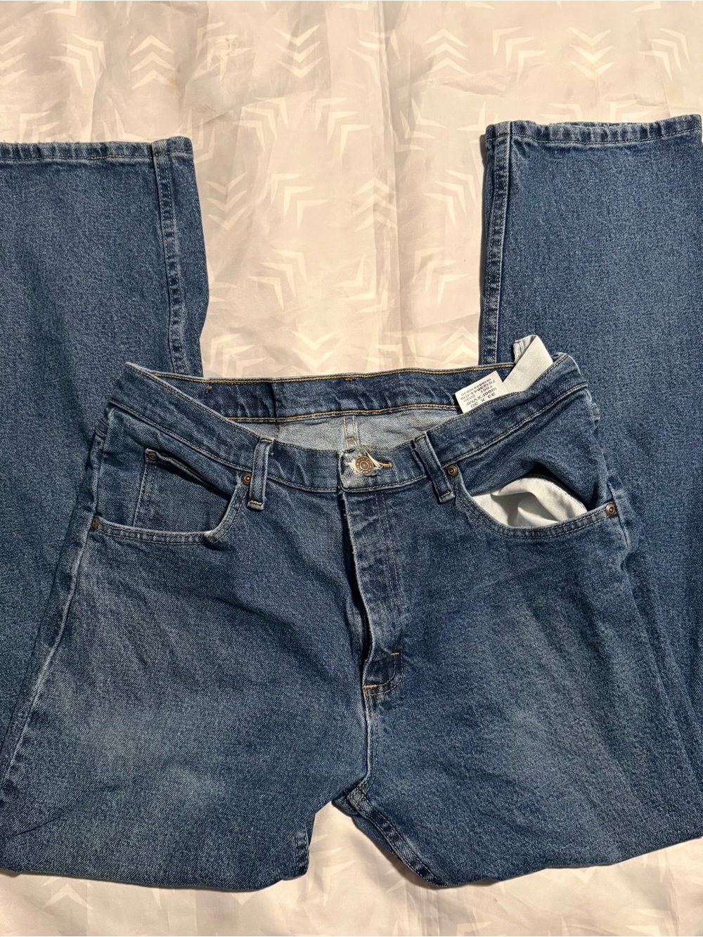 Wrangler Blue Jeans with Red Logo Tab and Leather Patch